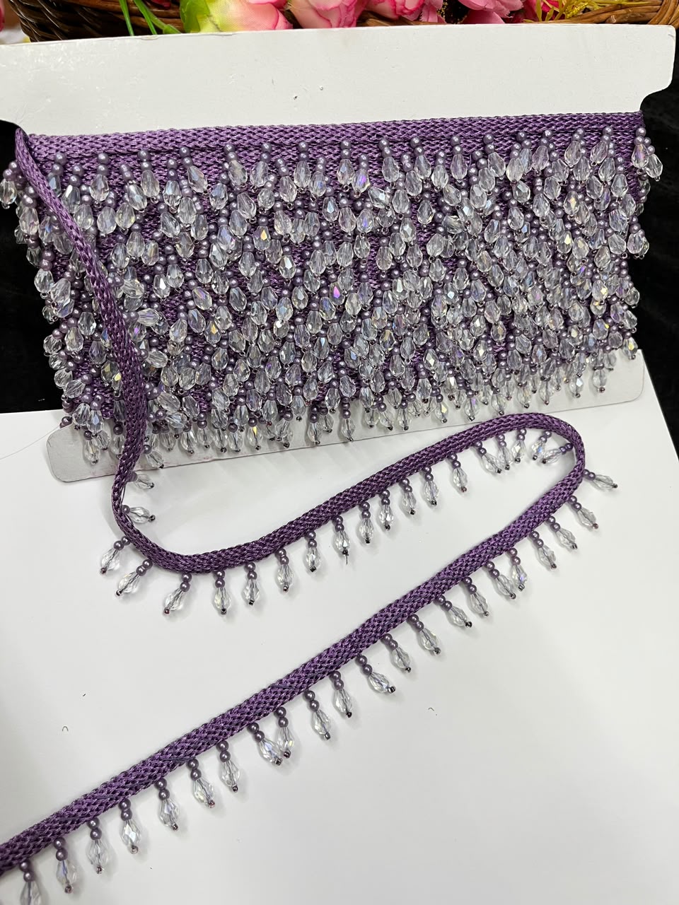 Crystal Drop Latkan Lace for Dupattas, Blouses, Sarees & Lehengas – Designer Hanging Crystal Lace Border (1 Inch) | DC1047 | Purple