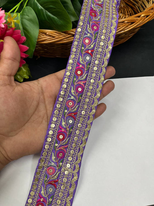 Sabyasachi Inspired Embroidery Lace Border for Sarees & Lehengas (9 Meter) – 2 Inch Width | Purple