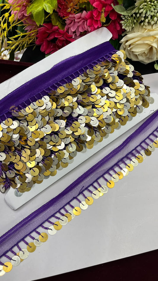 Sabyasachi Style Metal Coin Latkan Lace for Sarees, Lehengas, Dupattas & Blouses – Designer Hanging Coin Lace Border (1 Inch) | DC1070 | Purple