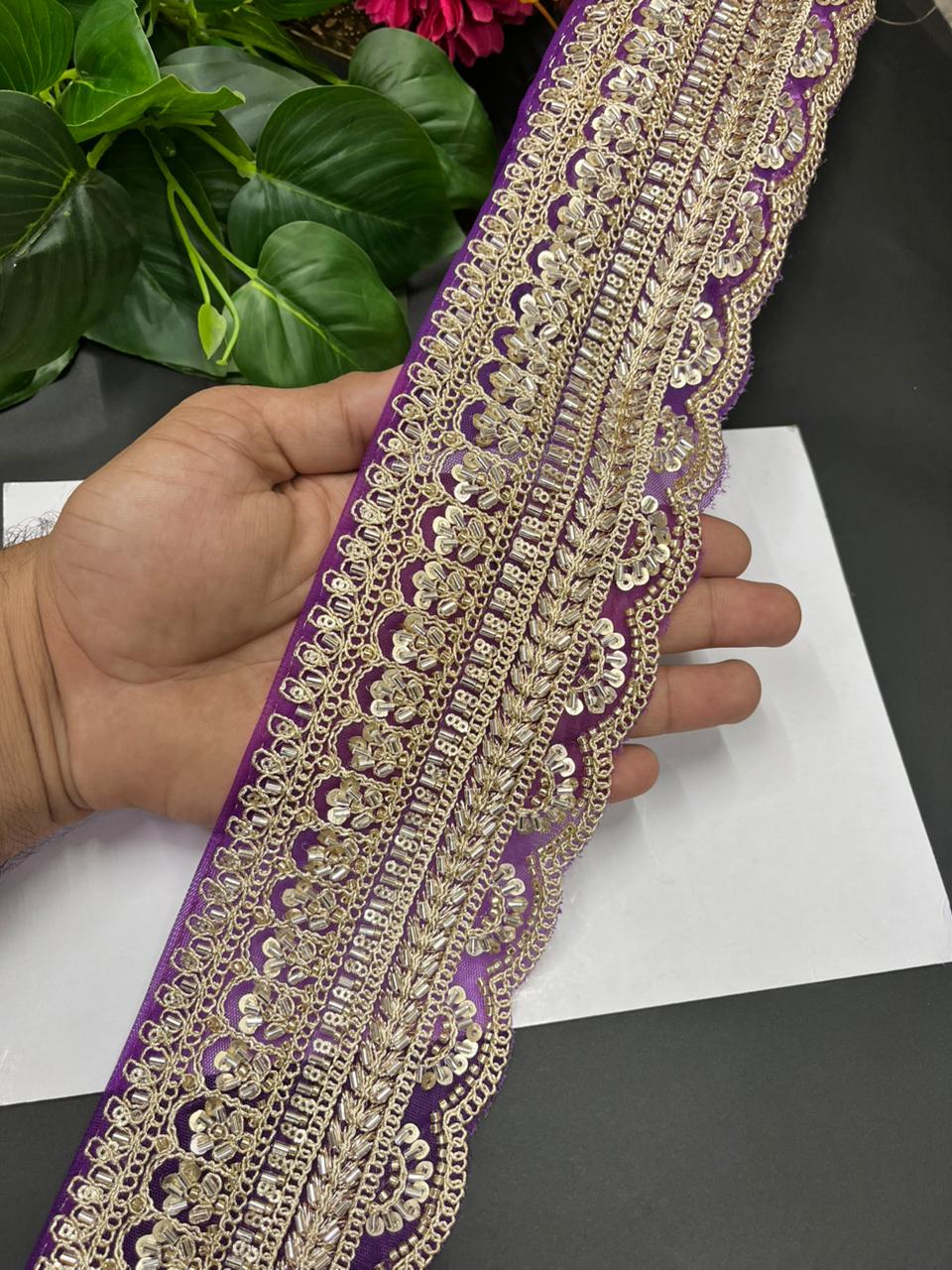 Exclusive Bridal Saree Laces & Borders on Net Fabric – Maggam Work Designer Trim for Sarees, Lehengas & Dupattas (9 Meter, 4 Inch Width) | Purple
