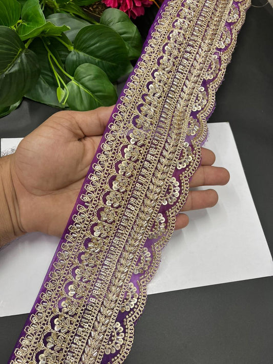 Exclusive Bridal Saree Laces & Borders on Net Fabric – Maggam Work Designer Trim for Sarees, Lehengas & Dupattas (9 Meter, 4 Inch Width) | Purple