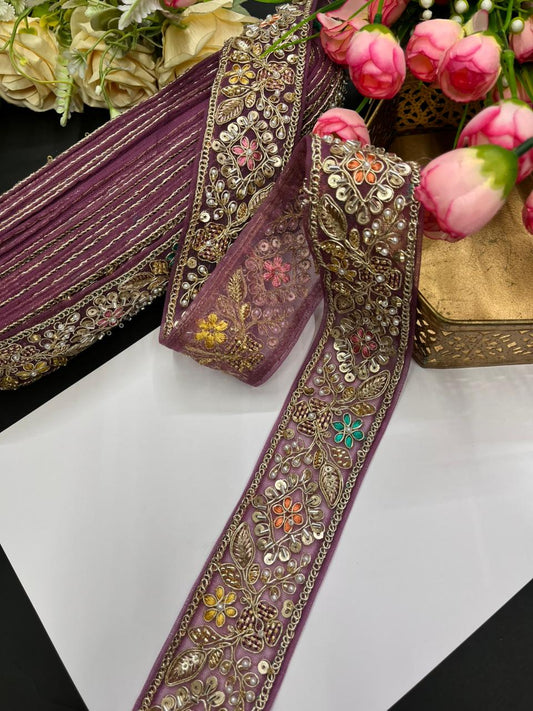 Designer Maggam Work Laces for Sarees – Premium 2 Inch Hand-Embellished Border for Lehengas, Dupattas & Bridal Wear (9 Meter) | Purple