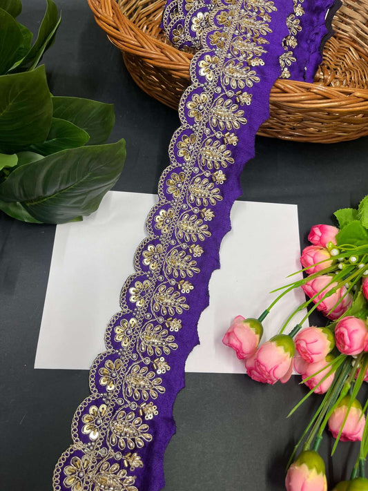 Heritage Scalloped Beaded Cutwork Embroidered Lace – 9 Meters, 2-Inch Maggam Work Border for Sarees & Lehengas | Purple
