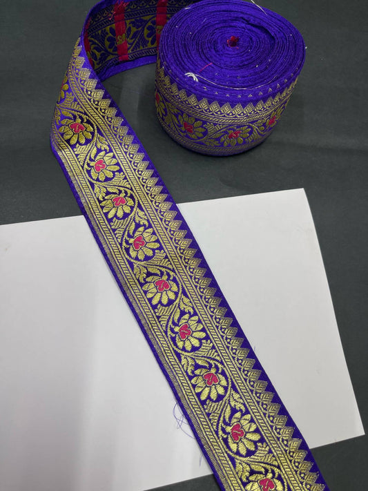 Banarasi Handloom Vintage Pure Silk Border – 9 Meters, 2-Inch Traditional Zari Embroidered Trim for Sarees & Lehengas | Purple