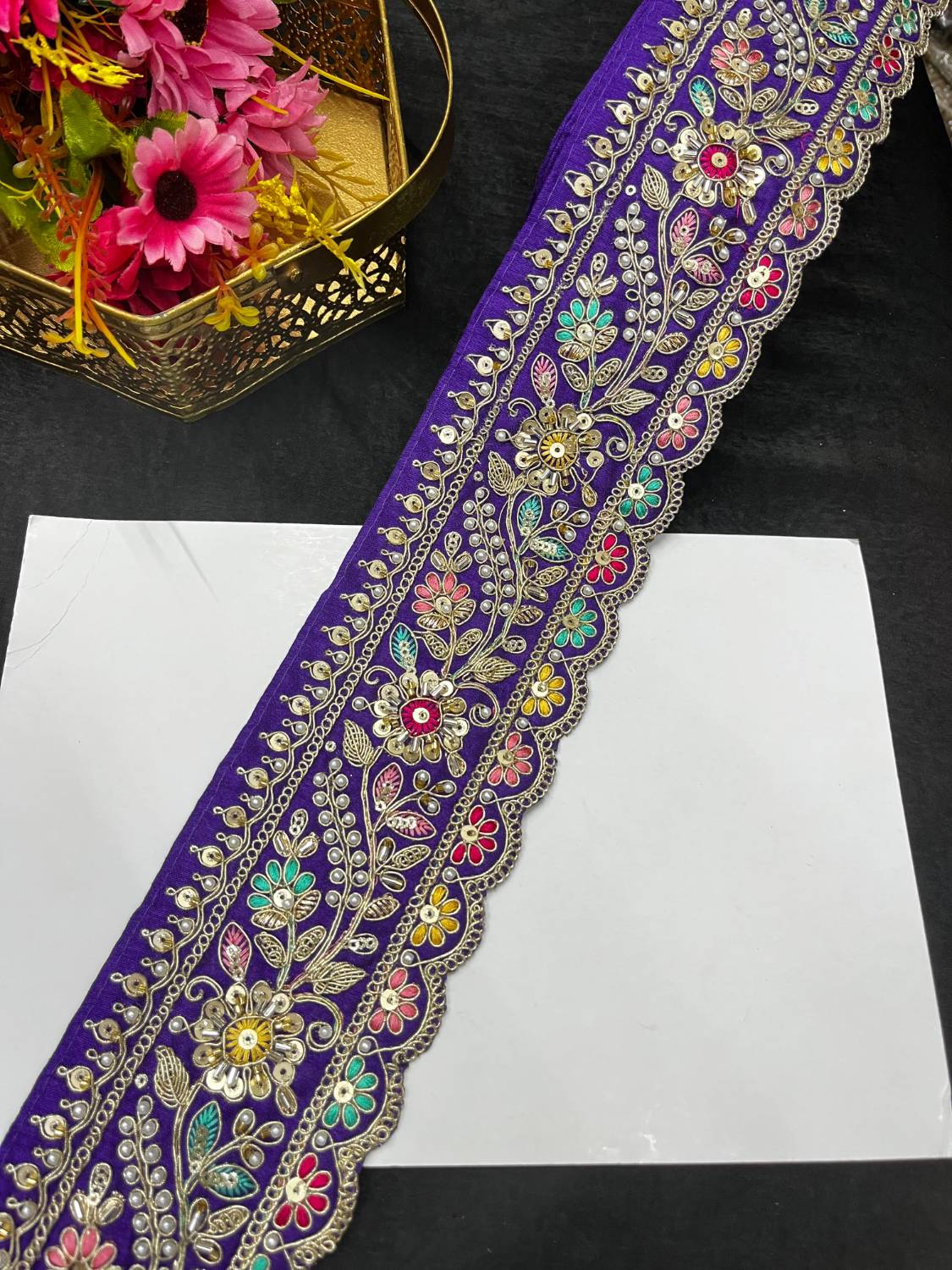 Multicoloured Sabyasachi Inspired Beaded & Katdana Work Saree Lace Border – Premium Maggam Work Trim for Bridal & Designer Wear (9 Meter, 3.5 Inch Width) | Purple