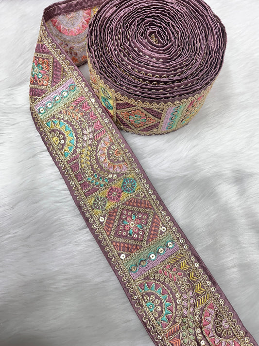 3 Inch Indian Saree Lace Border Embroidered Trim – Floral Decorative Ribbon for Art Quilts & Craft Projects (9 Meter) | Purple