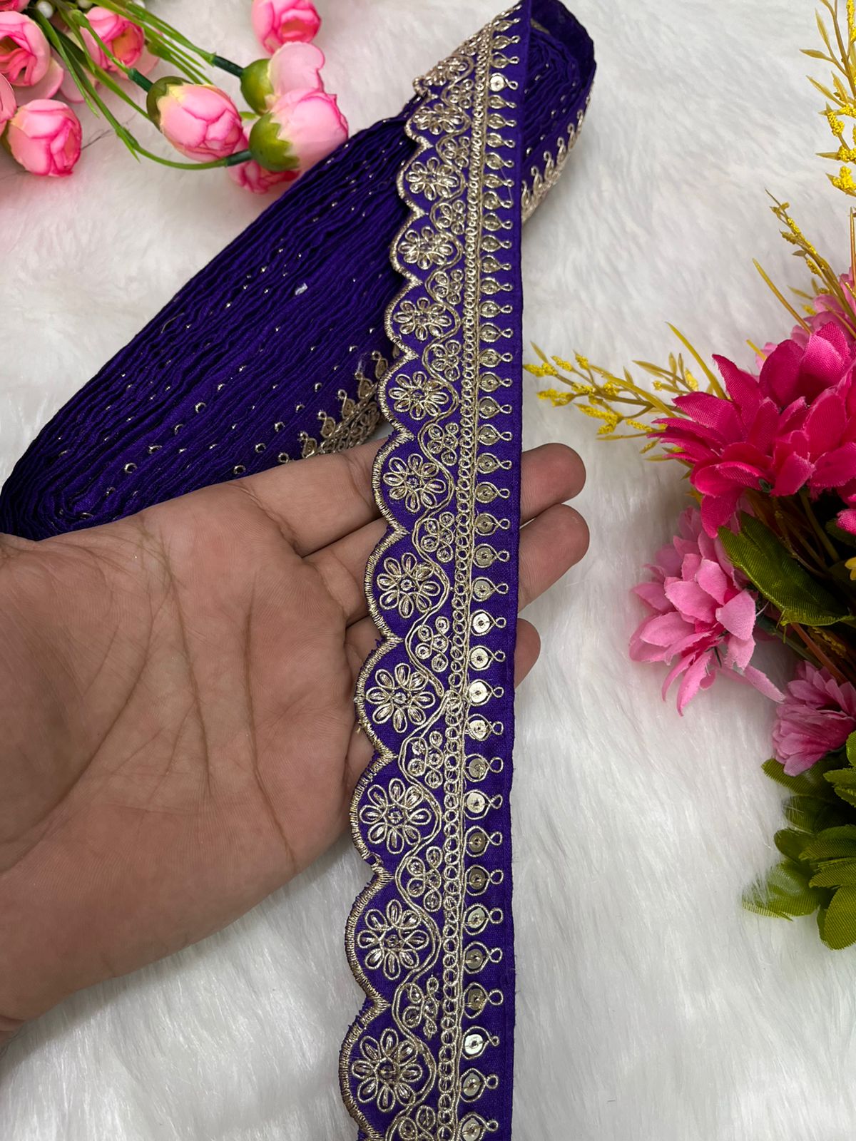 Embroidered Designer Lace – Indian Wedding Trims, Saree Border, 1.5 Inch Wide Lace Reel (9 Mtr) | Purple