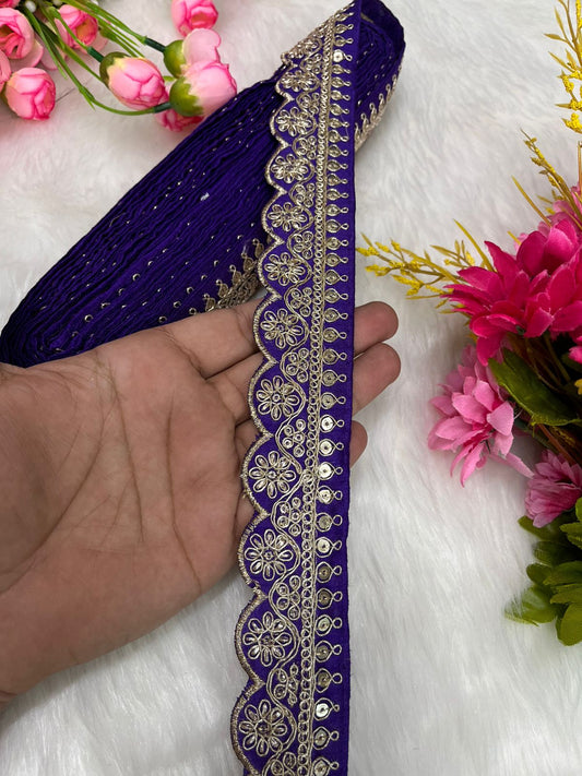 Embroidered Designer Lace – Indian Wedding Trims, Saree Border, 1.5 Inch Wide Lace Reel (9 Mtr) | Purple