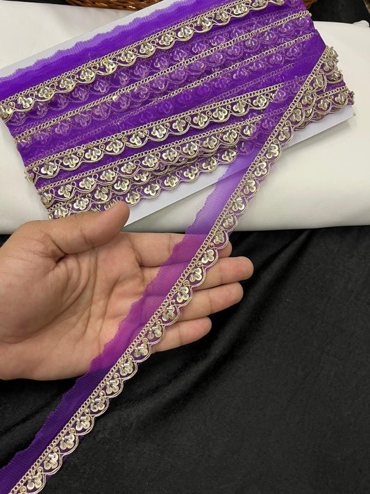 Scalloped Cutdana Work Lace for Sarees & Dupattas – Designer Maggam Work Lace Border (Half Inch) | Purple
