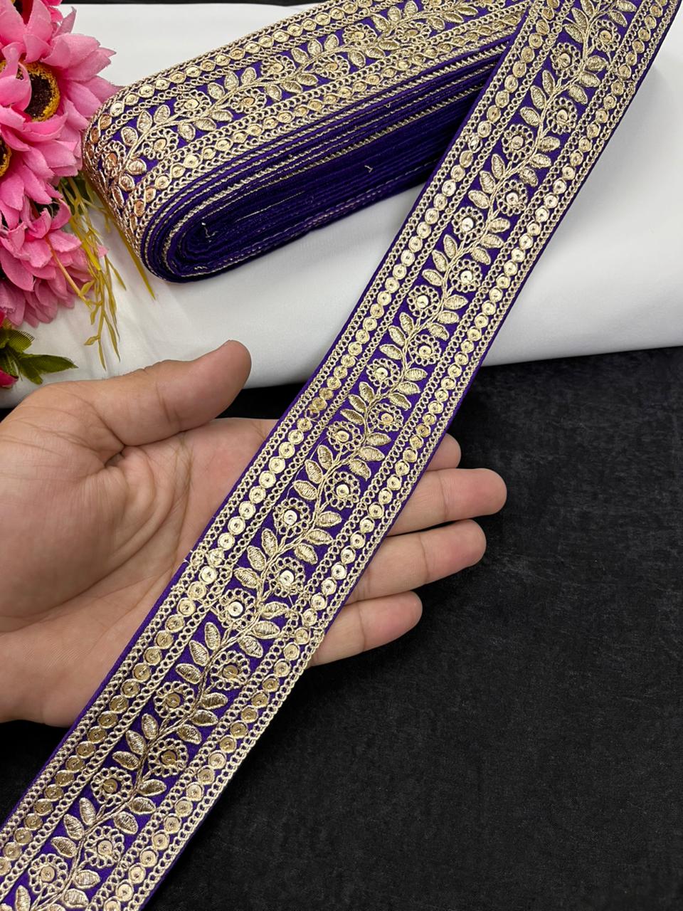 Leaf Style Embroidered Designer Lace Border for Sarees, Kurtis & Dresses – Elegant Ethnic Embroidery Lace (2 Inch) | Purple