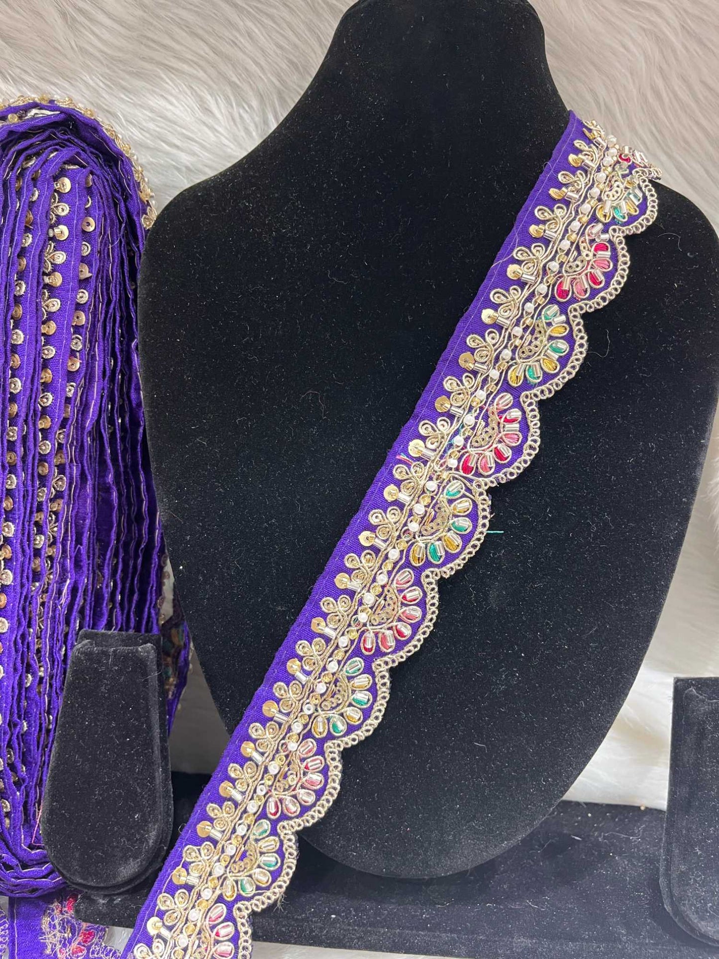 Scalloped Handwork Cutdana & Pearl Embroidered Saree Lace – 9 Meters, 1.5-Inch Maggam Work Border Trim | Purple
