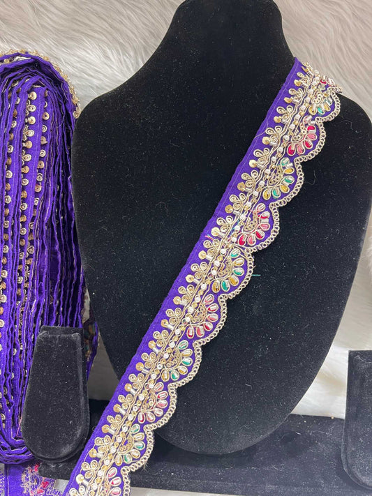 Scalloped Handwork Cutdana & Pearl Embroidered Saree Lace – 9 Meters, 1.5-Inch Maggam Work Border Trim | Purple