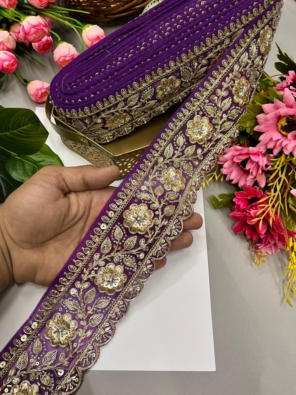 Designer Bridal Saree Lace Border – Premium 3 Inch Handcrafted Maggam Work Decorative Border for Wedding & Festive Wear (9 Meter) | Purple