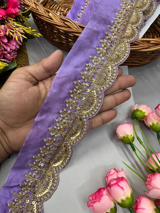 Scalloped Zardosi Work Saree Borders – Premium 2 Inch Handcrafted Maggam Work Lace for Bridal & Festive Wear (9 Meter) | Purple