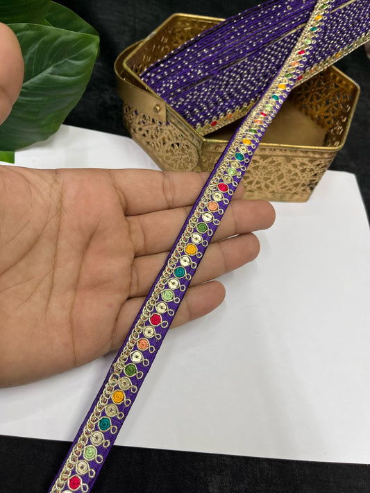Multicolored Sabyasachi Inspired Embroidered Lace – 9 Meters, 0.5-Inch Designer Trim for Sarees, Lehengas & Dupattas | Purple
