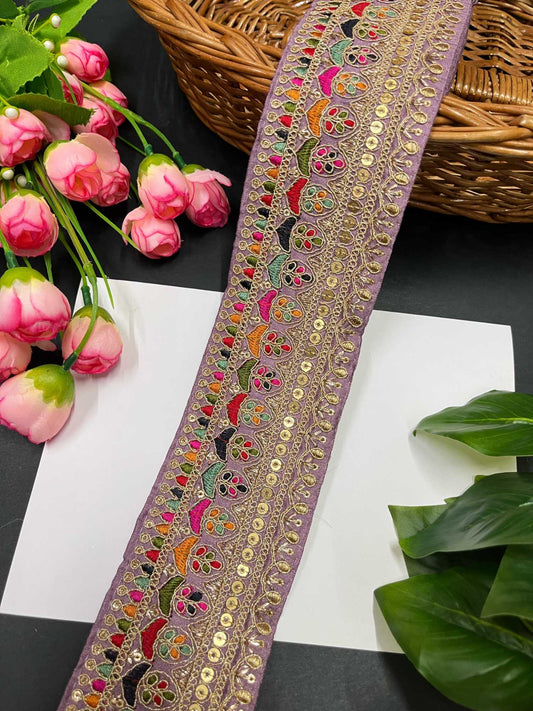 Exquisite Embroidered Lace Border – 9 Meters, 2.5-Inch Sabyasachi Inspired Designer Trim for Sarees & Lehengas | Purple
