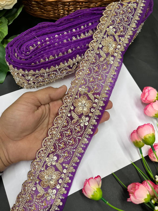 Exclusive Flower Embroidered Saree Lace Design – Premium Maggam Work Lace Border for Ethnic Wear | Purple