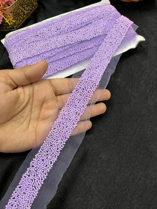 Exclusive Pearl Work Handcrafted Lace Trim for Sarees, Kurtis & Dresses – Designer Handmade Pearl Embroidery Lace Border | Purple