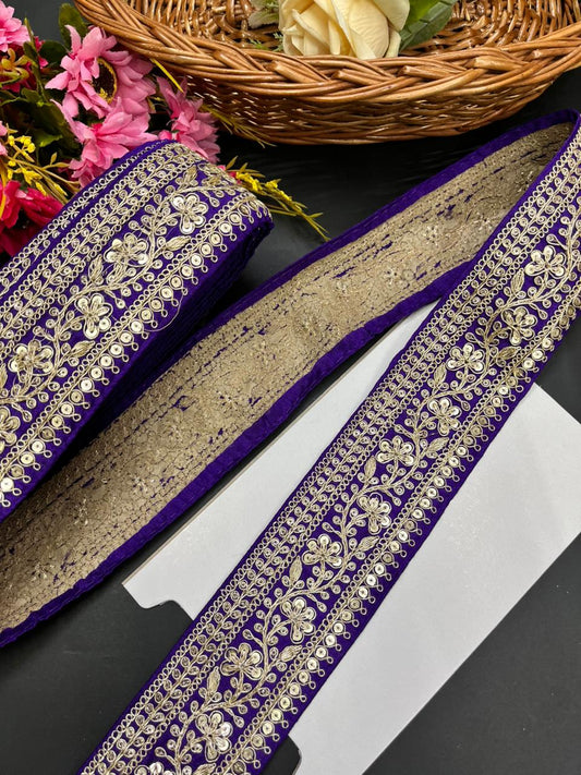 Embroidered Zari Lace Border for Saree, Lehenga & Craft Projects – Heavy 3 Inch Designer Embroidery Lace for Ethnic Wear (9 Meter) | Purple