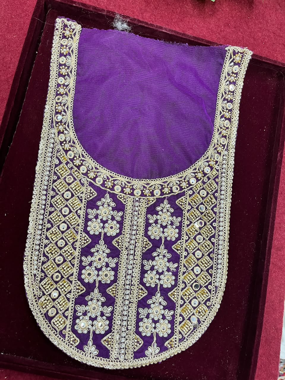 Designer Handcrafted Neck Patch for Kurtis, Dresses & Blouses – Premium Embroidered Neckline Applique | DC0983 | Purple