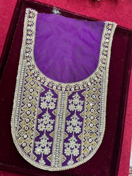 Designer Handcrafted Neck Patch for Kurtis, Dresses & Blouses – Premium Embroidered Neckline Applique | DC0983 | Purple