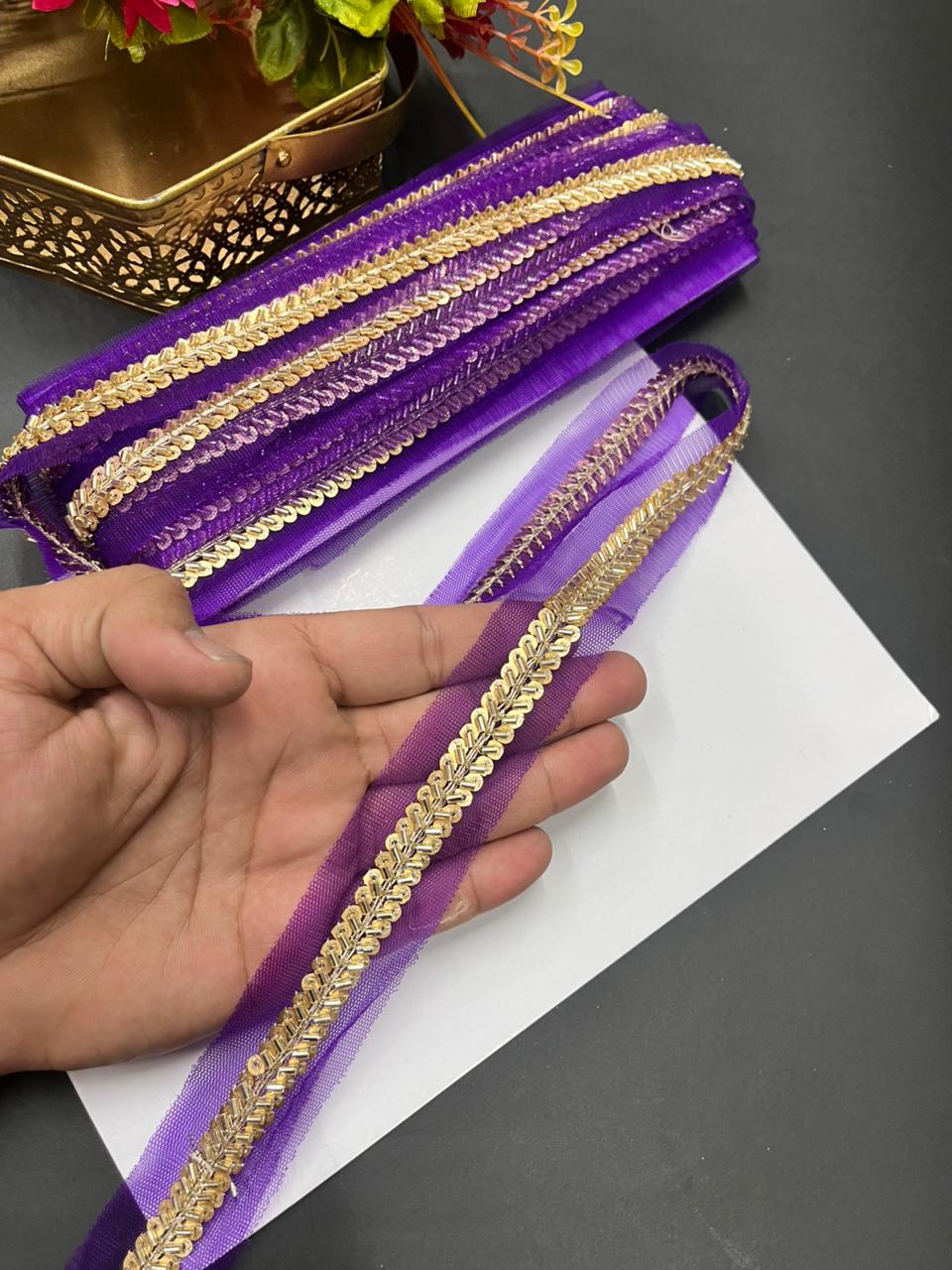 Elegant Pipe & Sequin Work Lace Borders – Designer Maggam Work Trim for Sarees, Lehengas & Dupattas (9 Meter, 0.5 Inch Width) | Purple