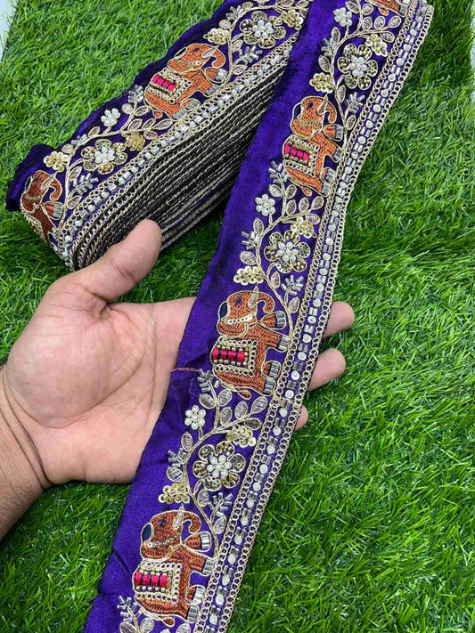 Elephant Handwork Cutdana & Pearl Embroidered Lace Border – 9 Meters, 3-Inch Maggam Work Trim for Sarees & Lehengas | Purple