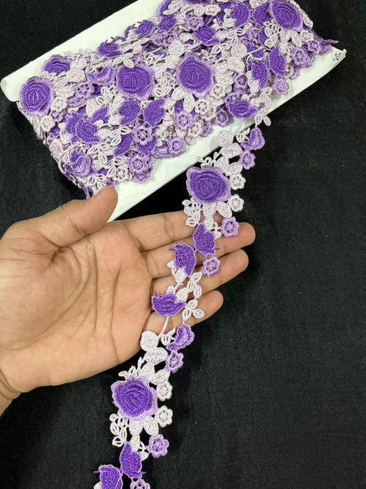 Beautiful Flower Western Lace Trim for Dresses, Sarees & Kurtis – Designer Imported Floral Lace Border (1.5 Inch) | Purple