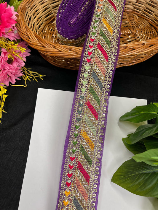 Sabyasachi Inspired Bead & Katdana Embellishment Saree Lace – 9 Meters, 2.25-Inch Designer Border for Lehengas & Dupattas - Purple