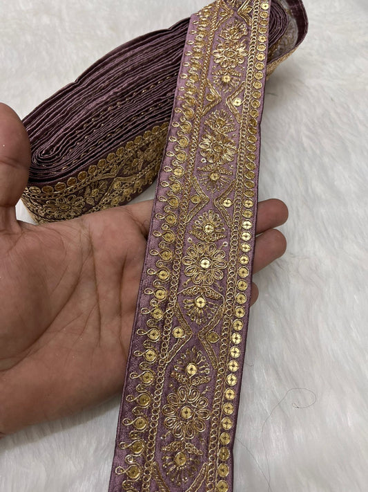 Embroidered Zari Lace – Indian Wedding Trims, Saree Border, 2 Inch Wide Lace Reel (9 Mtr) | Purple