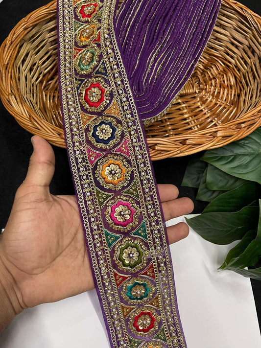 Multicolored Sabyasachi Inspired Saree Laces – 9 Meters, 3-Inch Designer Embroidered Border for Sarees, Lehengas & Dupattas | Purple
