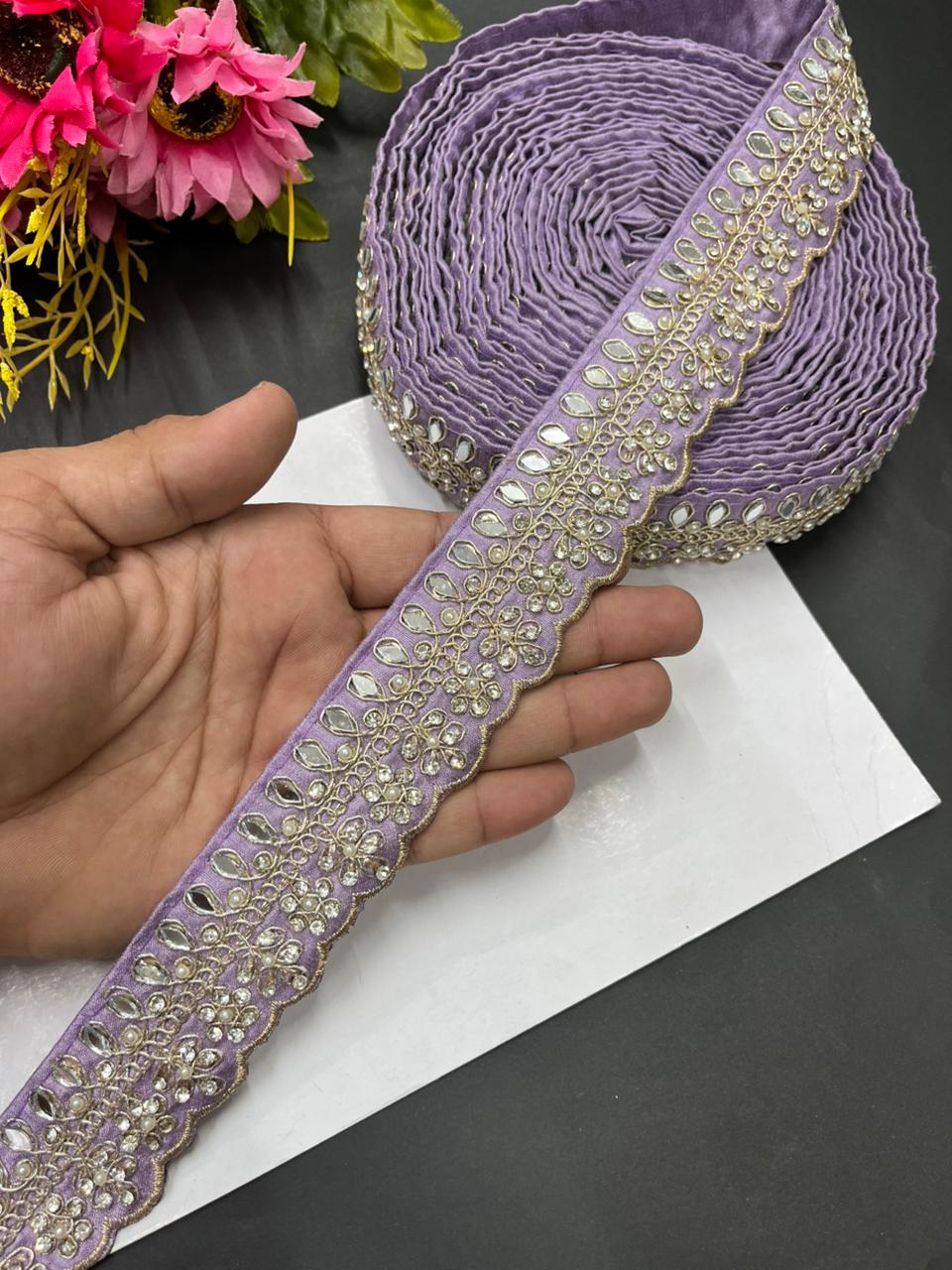Luxurious Mirror Work with Diamond Laces – Designer Maggam Work Borders for Sarees, Lehengas & Dupattas (9 Meter, 1.5 Inch Width) | Purple