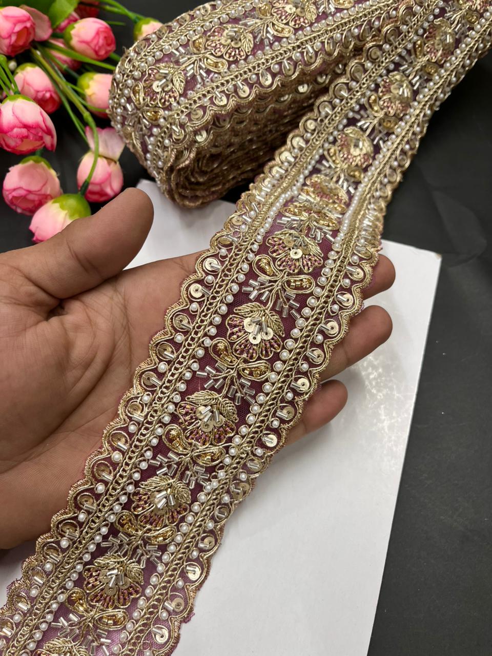 Luxurious Beaded Cutdana Bridal Saree Laces – Heavy Maggam Work Borders for Sarees, Dupattas & Lehengas (9 Meter, 2.5 Inch Width) | Purple