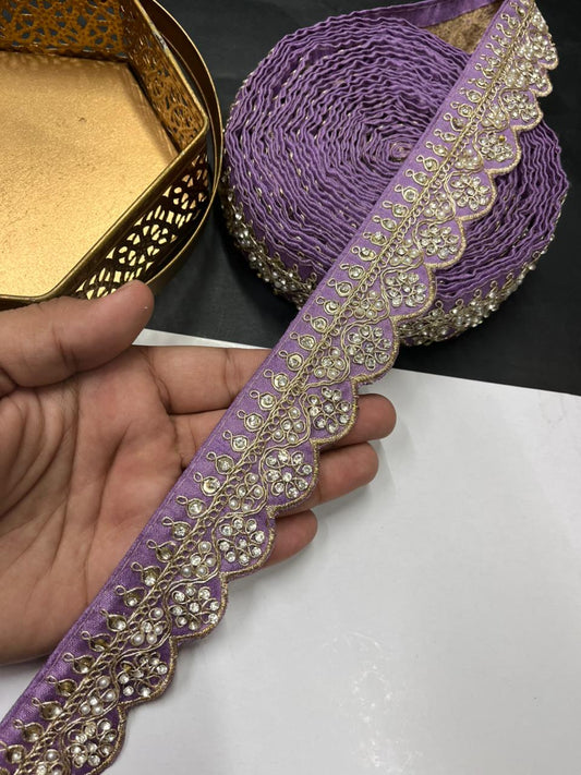 Scalloped Stonework Designer Laces – Elegant Embroidered Border Trim for Sarees, Dupattas & Lehengas (9 Meter, 1.5 Inch Width) | Purple
