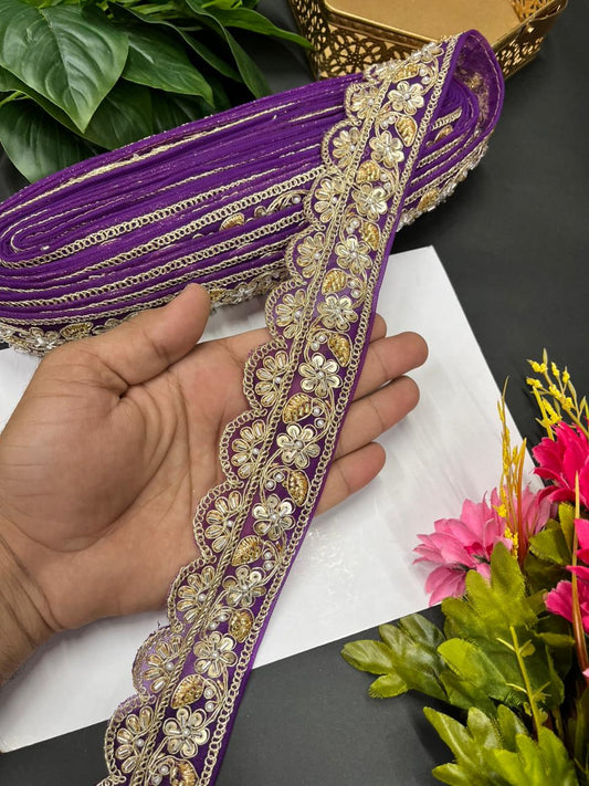 Exclusive Bridal Katdana Bead Work Laces – Designer Maggam Work Borders for Sarees, Lehengas & Dupattas (9 Meter, 2 Inch Width) | Purple