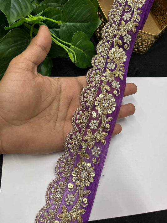 Gorgeous Embroidered Pearl & Cutdana Designer Lace – 9 Meters, 2.5-Inch Maggam Work Border for Sarees & Lehengas | Purple