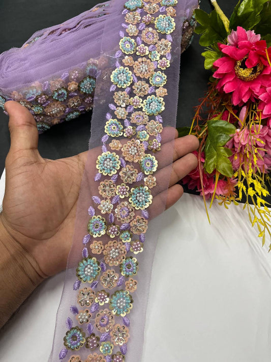 Stunning Thread Work Border with Pastel Bead Work – Designer Lace on Net Fabric (9 Meter) | Purple