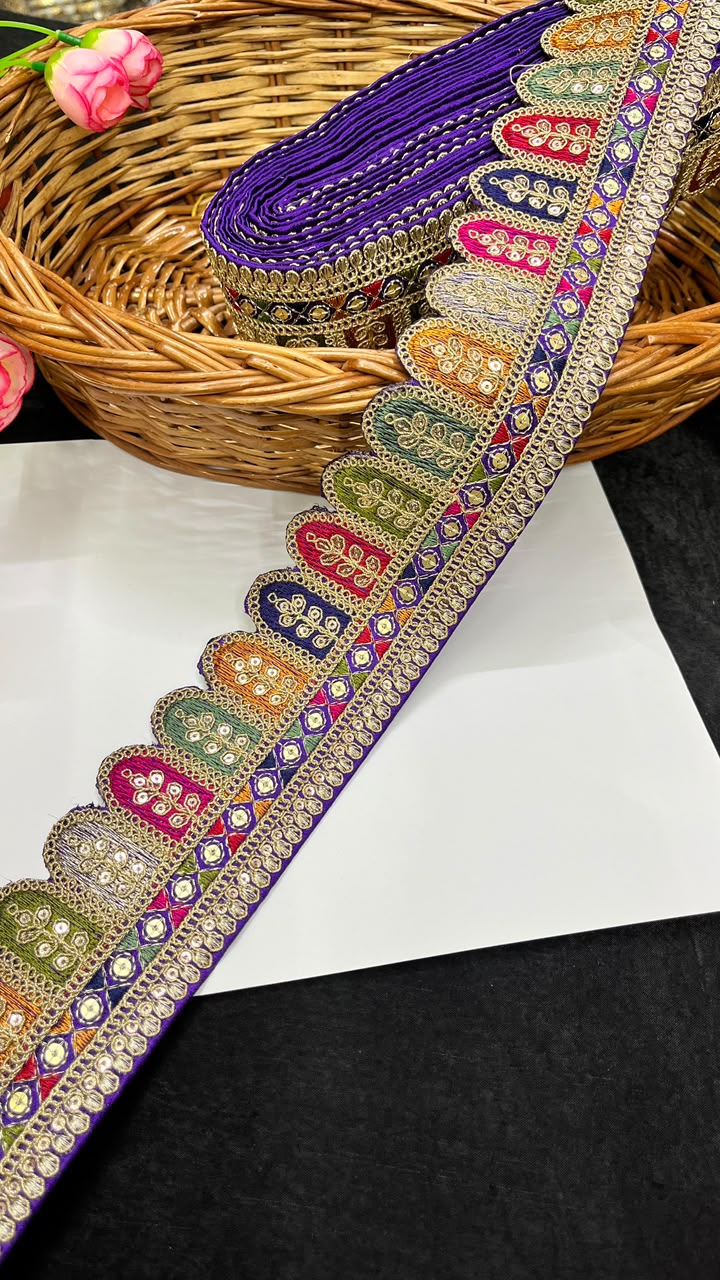 Sabyasachi Style Embroidered Lace for Sarees, Lehengas, Dupattas & Blouses – Designer Ethnic Embroidery Lace Border (2 Inch) | DC1065 | Purple