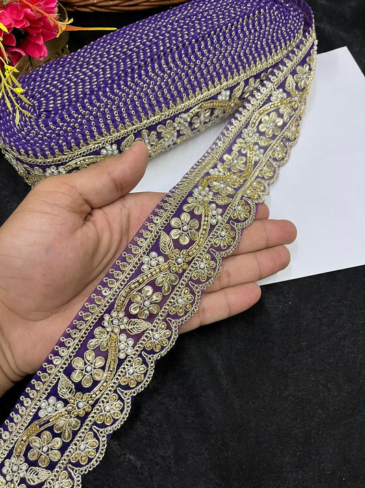 Designer Maggam Work Saree Border on Net Fabric – Handcrafted Embroidered Lace for Sarees, Blouses & Lehengas (2 Inch) | Purple