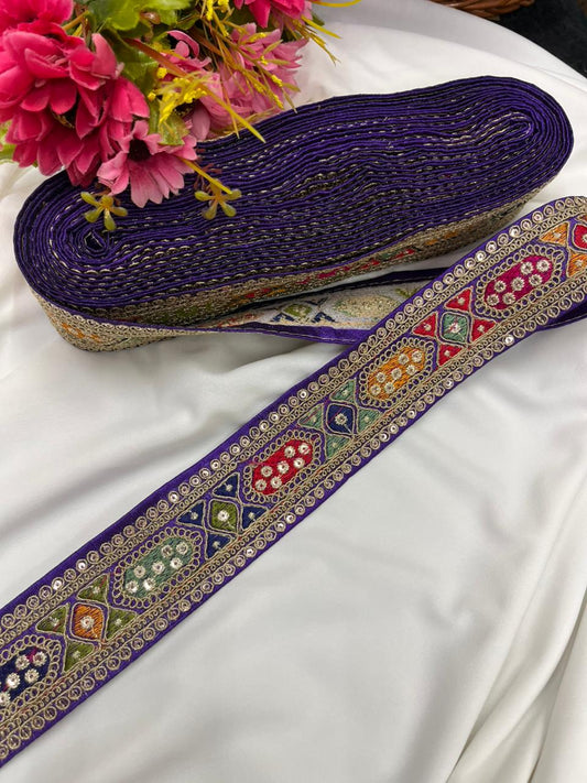 Sabyasachi Style Embroidered Designer Saree Lace Border – Luxury Ethnic Embroidery Lace for Sarees, Blouses & Lehengas | Purple