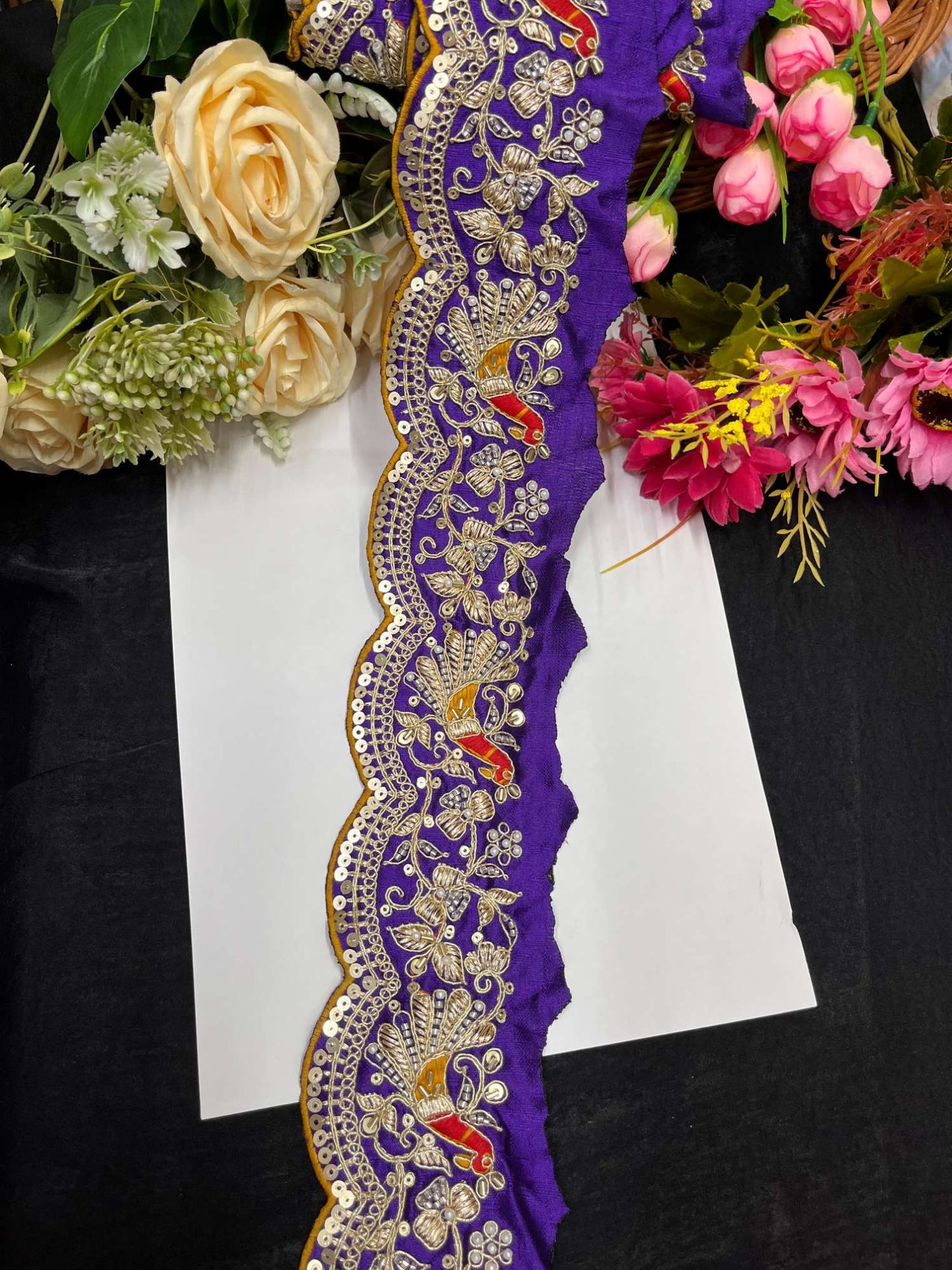 Exclusive Peacock Face Maggam Work Saree Laces – 9 Meters, 3-Inch Embroidered Border for Sarees, Lehengas & Dupattas | Purple