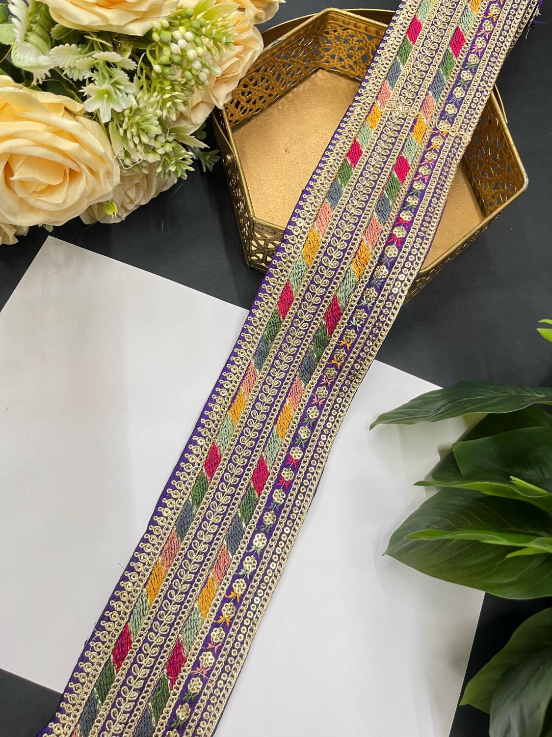Sabyasachi Inspired Embroidery Lace – 9 Meters, 3-Inch Width | Purple