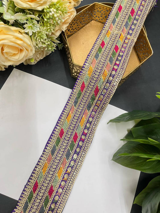 Sabyasachi Inspired Embroidery Lace – 9 Meters, 3-Inch Width | Purple
