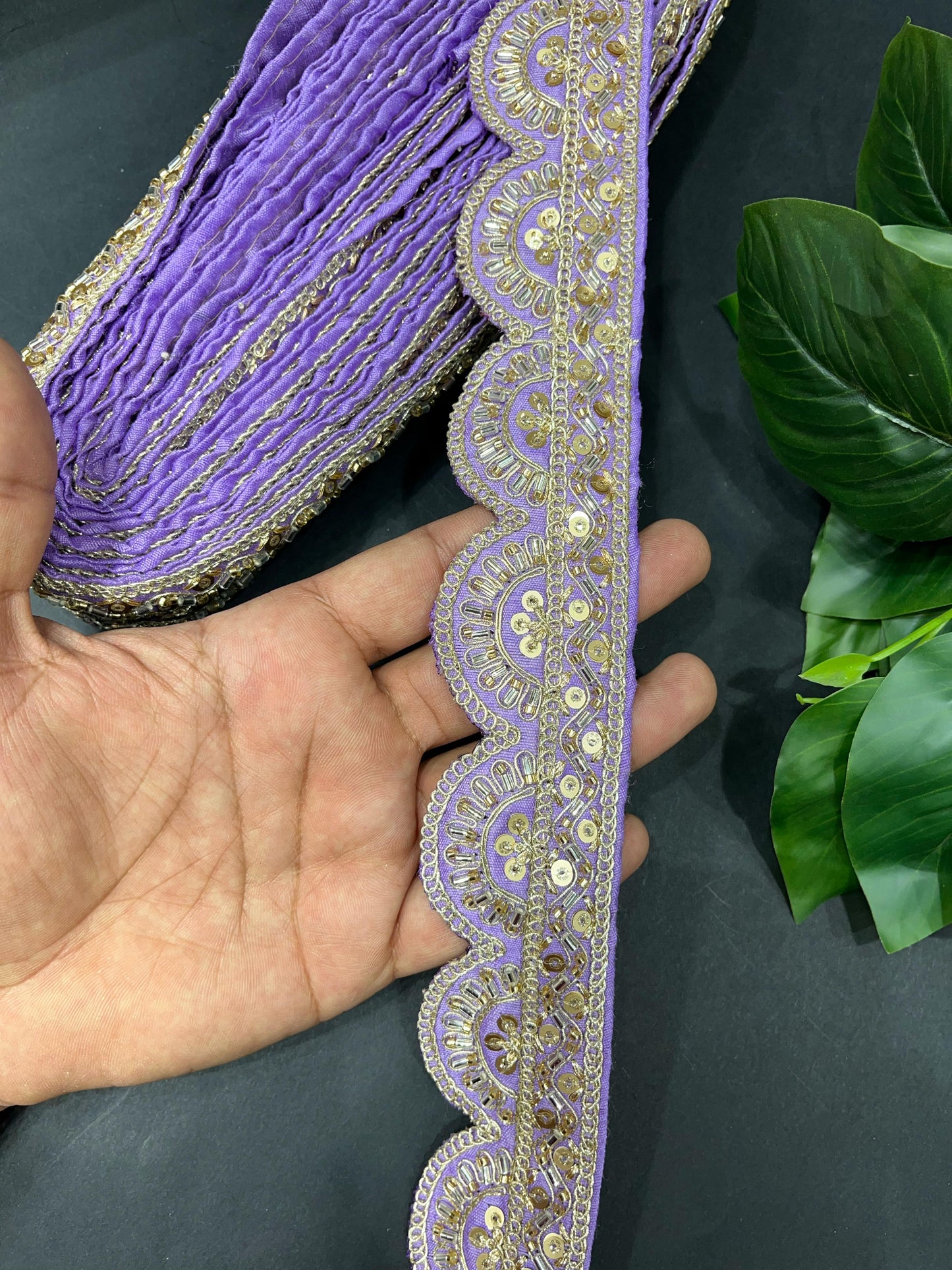 Cutdana Sequin Handmade Embroidered Lace – 9 Meters, 2-Inch Width | Maggam Work Lace | Purple