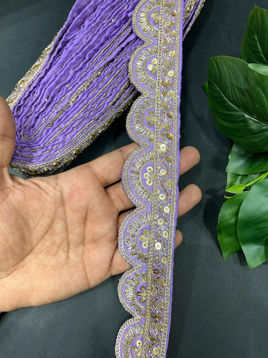 Cutdana Sequin Handmade Embroidered Lace – 9 Meters, 2-Inch Width | Maggam Work Lace | Purple