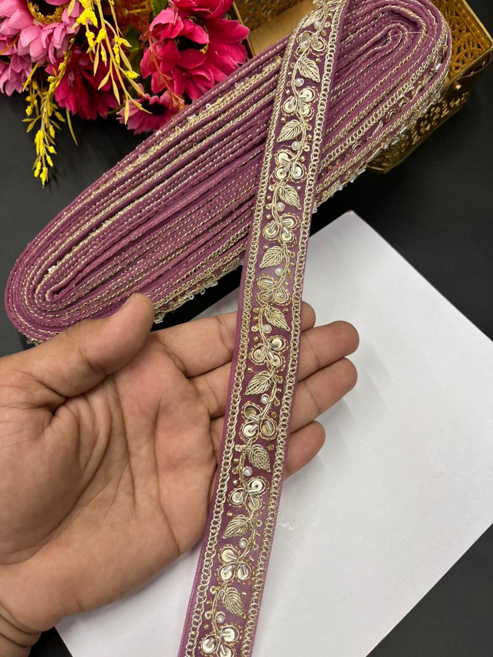 Pearl Zari Embroidered Net Lace – Designer Maggam Work Border for Sarees, Lehengas & Dupattas (9 Meter, 1 Inch Width) | Purple