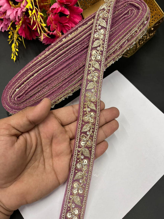 Pearl Zari Embroidered Net Lace – Designer Maggam Work Border for Sarees, Lehengas & Dupattas (9 Meter, 1 Inch Width) | Purple