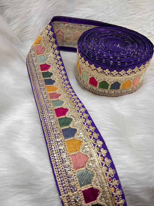 Sabyasachi Inspired Embroidery Lace Borders – 9 Meters, 3-Inch Width, Handcrafted Elegance | Purple