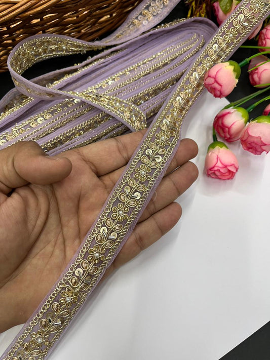 Designer Maggam Work Lace for Sarees – Premium 1 Inch Hand-Embellished Border for Lehengas, Dupattas & Bridal Wear (9 Meter) | Purple