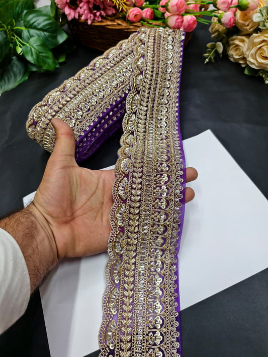 Exclusive Flower Embroidered Saree Lace Design – Premium Maggam Work Lace Border for Ethnic Wear | Purple